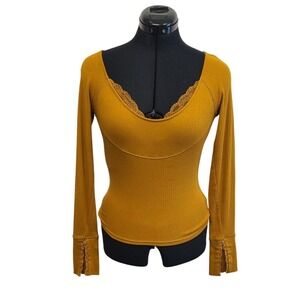 Free People Yellow Ribbed Lace Trim Scoop Neck Top XS/S NEW WITH FLAW
